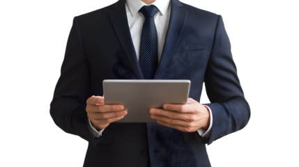 Businessman in dark suit holding a silver tablet device against a for design work on transparent background