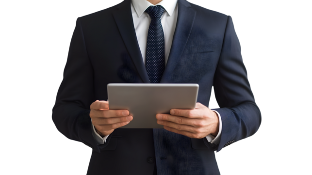 Businessman in dark suit holding a silver tablet device against a for design work on transparent background - Powered by Adobe