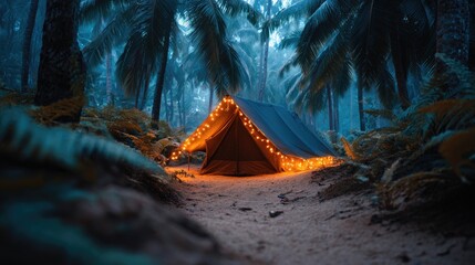 Lit tent in a forest path at night