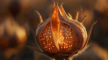 A dry plant seed pod split open revealing its textured interior with golden sunlight filtering through