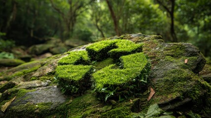 Lush green moss forms a recycling symbol on a moss-covered rock in a vibrant, verdant forest, promoting nature conservation