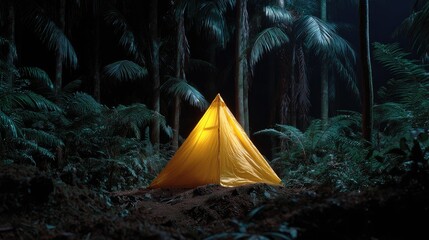 Lit tent in dark forest at night illustration