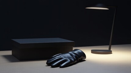 A polished black leather glove on a wooden surface