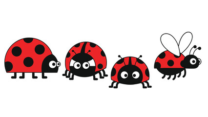 Obraz premium Four cute cartoon ladybugs with different expressions on white background