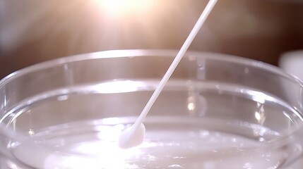 A sterile swab collecting a sample from a liquid surface