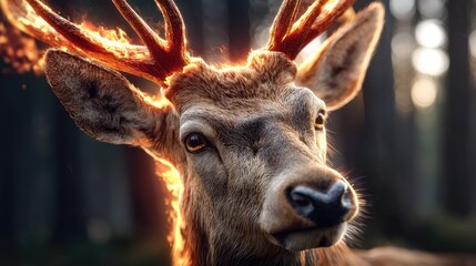 Majestic deer portrait with glowing antlers and forest background
