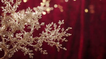 A delicate snowflake ornament with interwoven gold and silver threads sparkles against a deep red background with soft bokeh lights