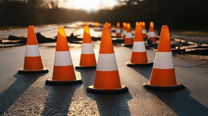 A bright orange and white traffic cone arrangement stands on a wet road surface reflecting sunlight at golden hour