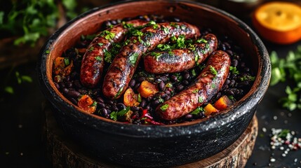 Close up of Brazilian Feijoada with sausage in a clay pot