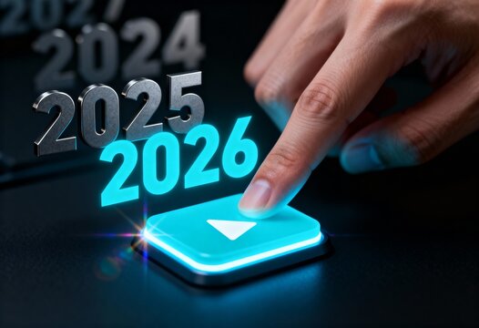 Hand Pressing Start Button for 2026 Futuristic Digital Timeline New Year Concept