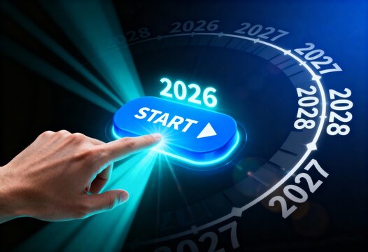 Hand Pressing Start Button for 2026 Futuristic Digital Timeline New Year Concept