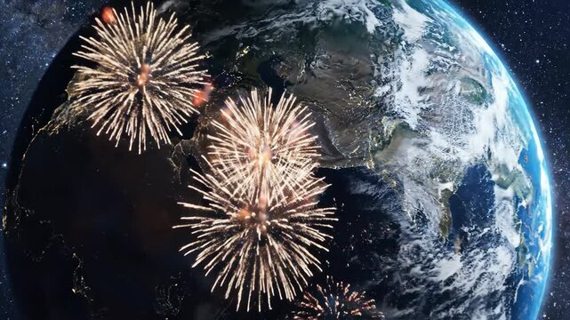 Satellite view of earth rotating at night, city lights glowing, fireworks appearing across continents, stars and milky way background, slow zoom-in, cinematic IMAX quality, 4K
