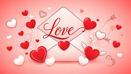 Love letter surrounded by hearts and arrows on pink background
