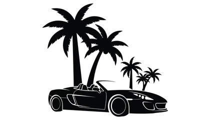 Sleek convertible sports car parked under lush palm trees on a sunny day