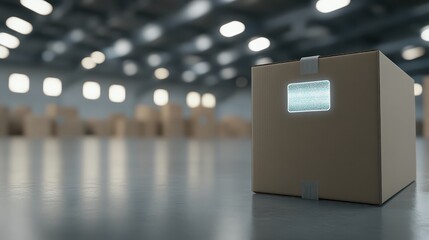 A close up of a cardboard box with a holographic tracking sticker for vaccine shipment in a large warehouse facility
