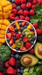 Vibrant Fruit Salad Bowl with Kiwi, Strawberries, and Mango Surrounded by Fresh Berries and Avocado