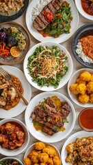 Overhead View of a Diverse Food Spread with Grilled Steaks, Salads, Fried Snacks and Various Dipping Sauces