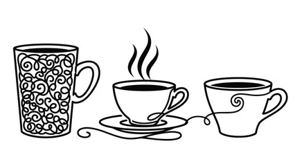 Obraz premium Three stylized cups of hot coffee connected by a continuous line, suggesting a shared experience.