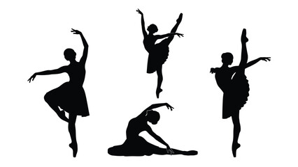 Graceful ballet dancers in elegant poses, captured in dynamic silhouettes against a white background.