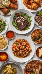 Collection of Gourmet Dishes Including Grilled Steak, Fish, Fried Chicken and Fresh Salads on a Restaurant Table