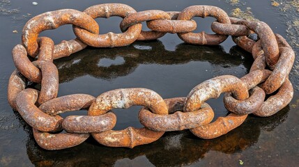 Fototapeta premium A heavy rusted anchor chain with thick interlocked links resting on a dark reflective surface