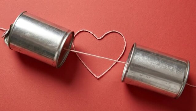 Classic Tin Can Telephone with Heart String on Vibrant Red Background: Love, Connection, and Communication Concept