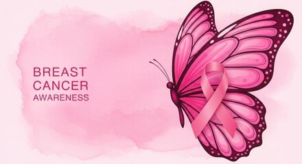 Hopeful pink butterfly with awareness ribbon symbolizing breast cancer support and early detection efforts