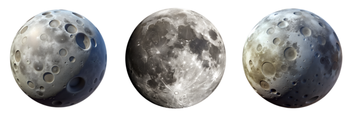 Three realistic 3D moon icons with detailed craters and lunar surface textures, isolated on a transparent background, representing space exploration, astronomy, science, and planetary discovery
