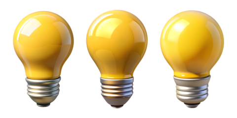 Three vibrant yellow 3D light bulb icons standing in a row on a transparent background, representing creative ideas, innovation, inspiration, and professional business startup solutions