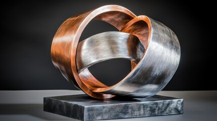 Abstract metallic sculpture of two intertwined ribbons on a dark base