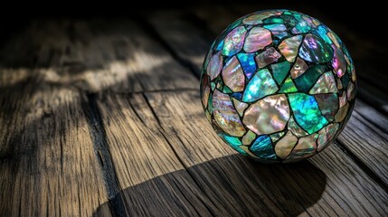 A vibrant mosaic globe sphere with iridescent shell pieces rests on a textured wooden surface with dramatic shadows