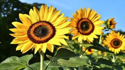 Obraz premium Close up view of two vibrant yellow sunflowers blooming