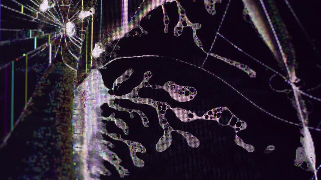 Digital frequency. Signal technology. Yellow dark black color noise vibration liquid waves pink broken lines pattern on art abstract bokeh background.