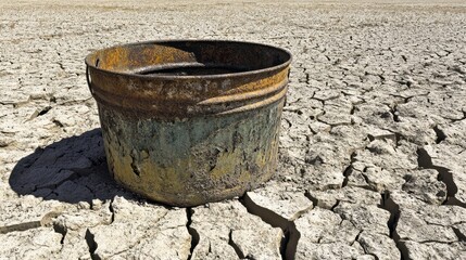 Fototapeta premium An old rusty empty metal bucket rests upon dry cracked earth in a desolate outdoor environment