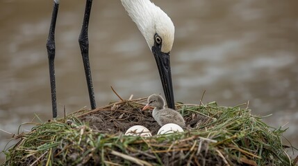 Stork feeding chick in nest