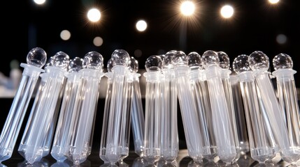 Collection of sterile disposable applicators arranged in rows with bright overhead lighting and bokeh effect in the background