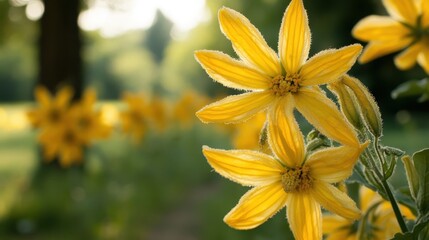 Fototapeta premium Bright yellow squash blossoms in garden setting