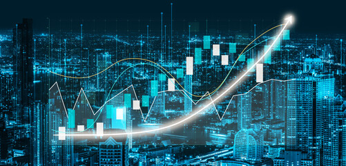 Stunning visualization of financial data showcasing growth trends over a modern city skyline at night, featuring abstract graphs and statistics in blue tones. Impute