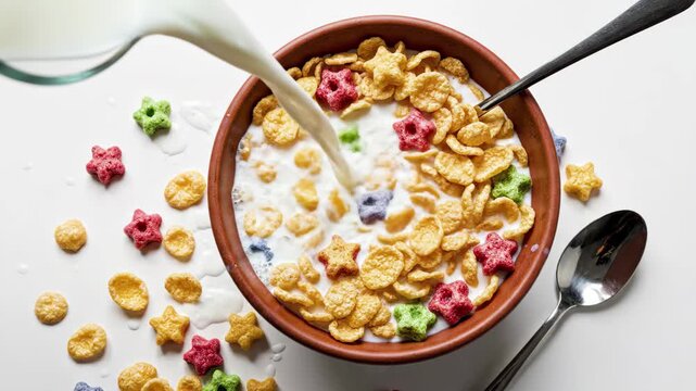 Pouring milk into a bowl of colorful starshaped breakfast cereal with spoons on a white surface, 4k high quality video