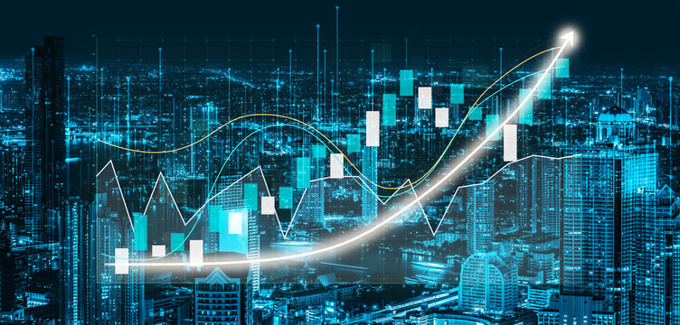 Stunning visualization of financial data showcasing growth trends over a modern city skyline at night, featuring abstract graphs and statistics in blue tones. Impute - Powered by Adobe