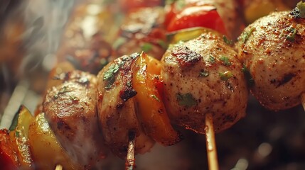 Close up image of grilled chicken kebabs with roasted vegetables