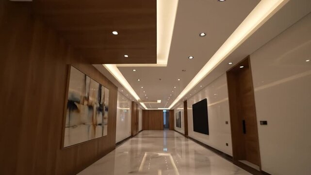 A modern hallway featuring sleek wall designs, art pieces, and warm lighting accents