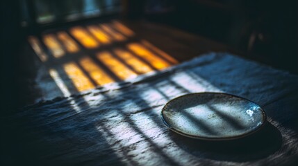 Obraz premium Empty plate on table with beautiful sunlight shadows