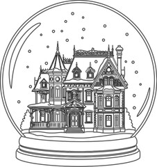 Fototapeta premium Coloring page outline of a detailed victorian mansion inside a snow globe with falling flakes