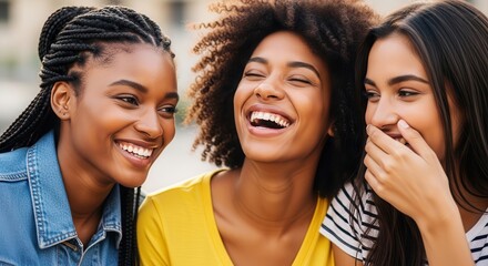 Three joyful young women sharing laughter and secrets in a vibrant outdoor setting