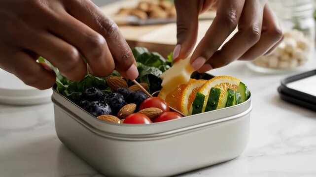 Close up hand placing ingredients into healthy bento box salad