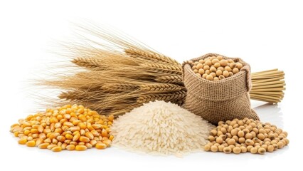 Healthy mix of natural grains wheat, corn, rice, soybeans, representing essential nutritional staples and agricultural richness, isolated on white