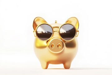 Golden piggy bank with sunglasses isolated on white background. 3D illustration