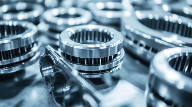 Close up of industrial steel bearings in bright lighting