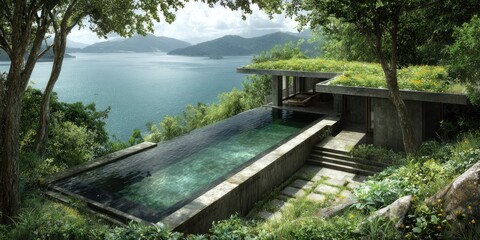 Fototapeta premium Luxurious modern home with a green roof and pool overlooking serene water and mountains